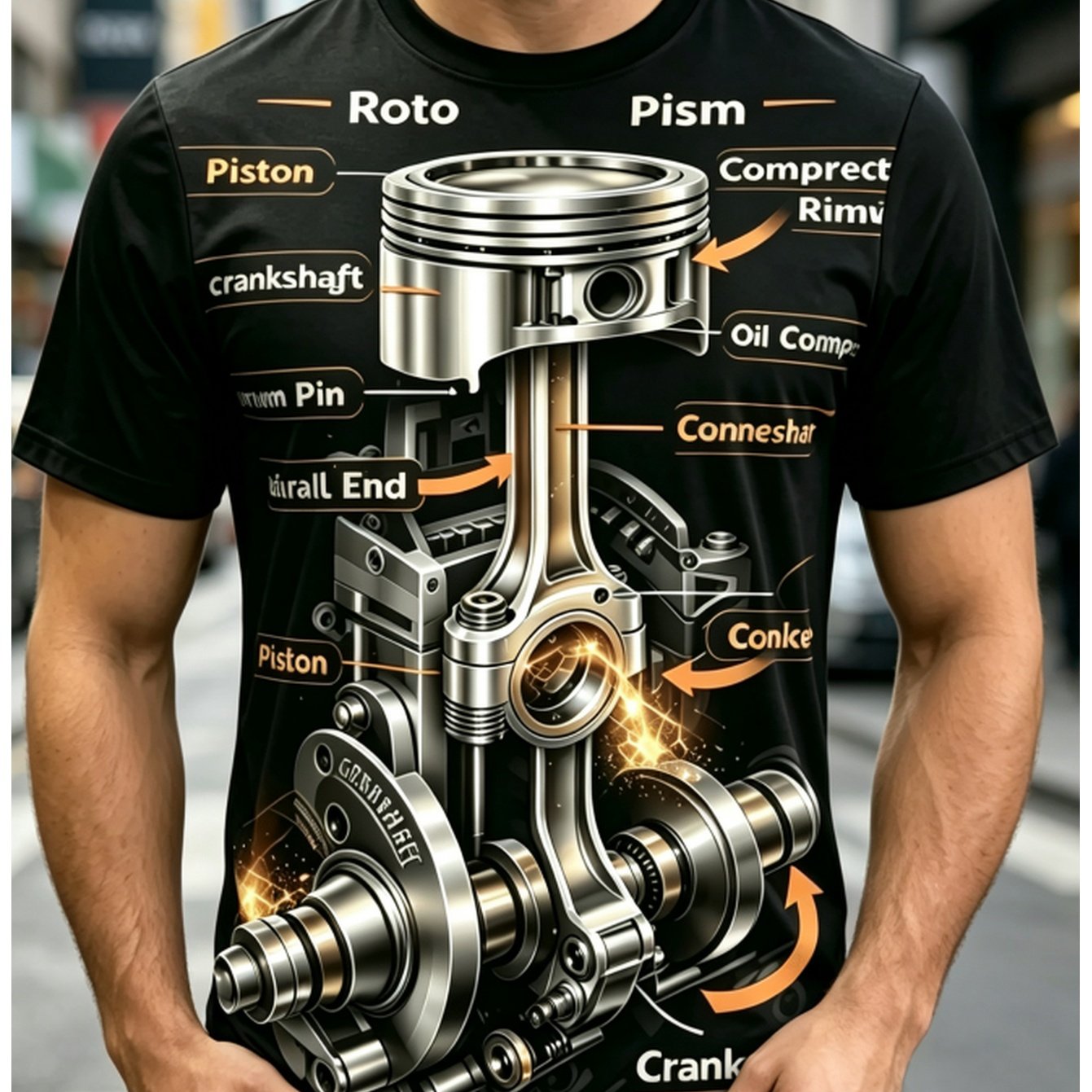 TEMU [printed Design - Not Textured], Motorcycle Mechanical Piston Metal Three-dimensional Print Short Sleeve, Hardcore Car Enthusiast Men's Casual