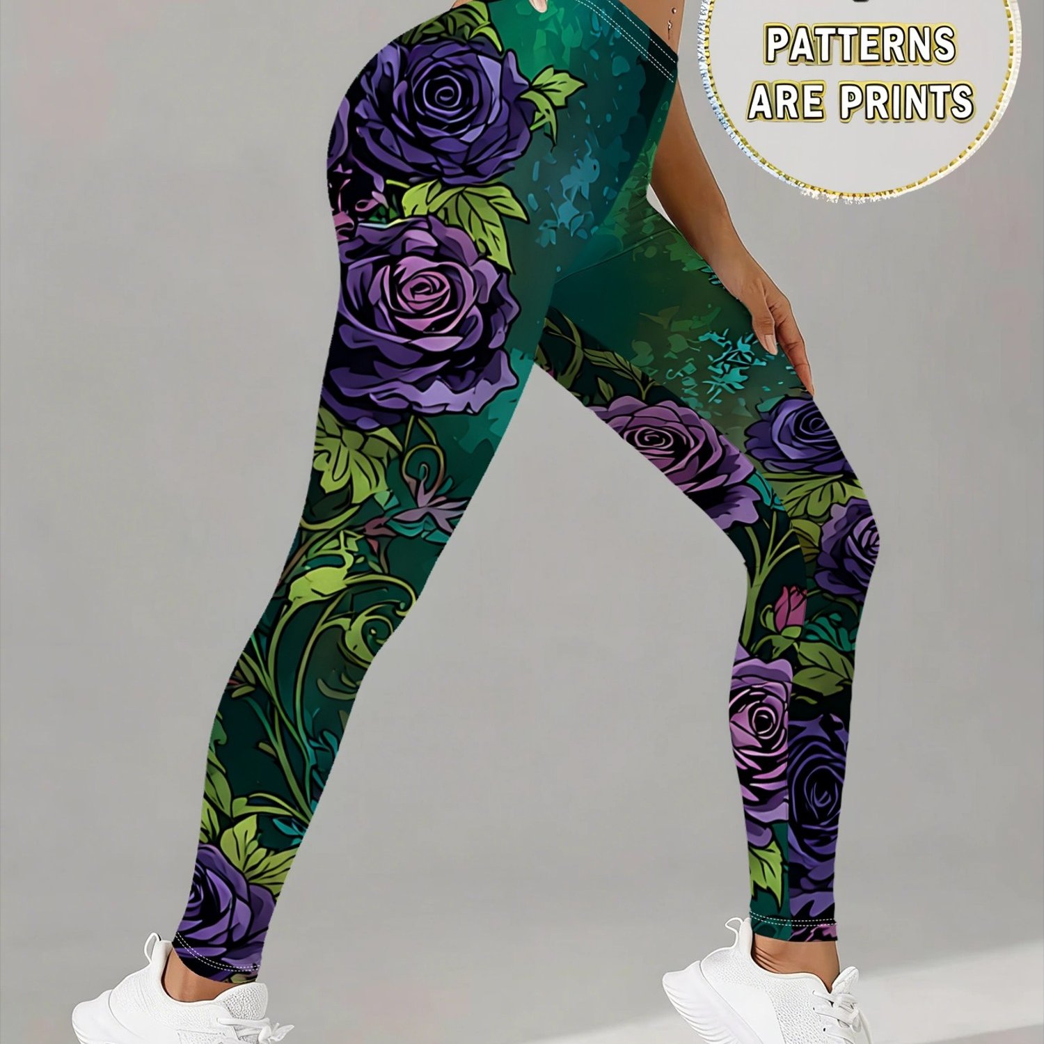 TEMU Dark Tone Purple Rose Vine Print Women's High-waisted Stretchy Slim-fit Fitness Yoga Leggings, Vintage Style Casual Base Layer Tights