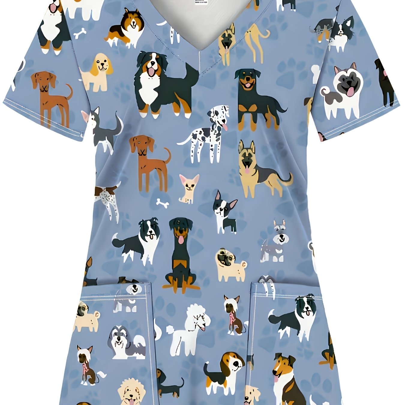 TEMU Plus Size, Women's Scrub Top With Puppy Print And 2 Pockets - Comfortable, Breathable, And Practical T-shirt, Soft Workwear Suitable For