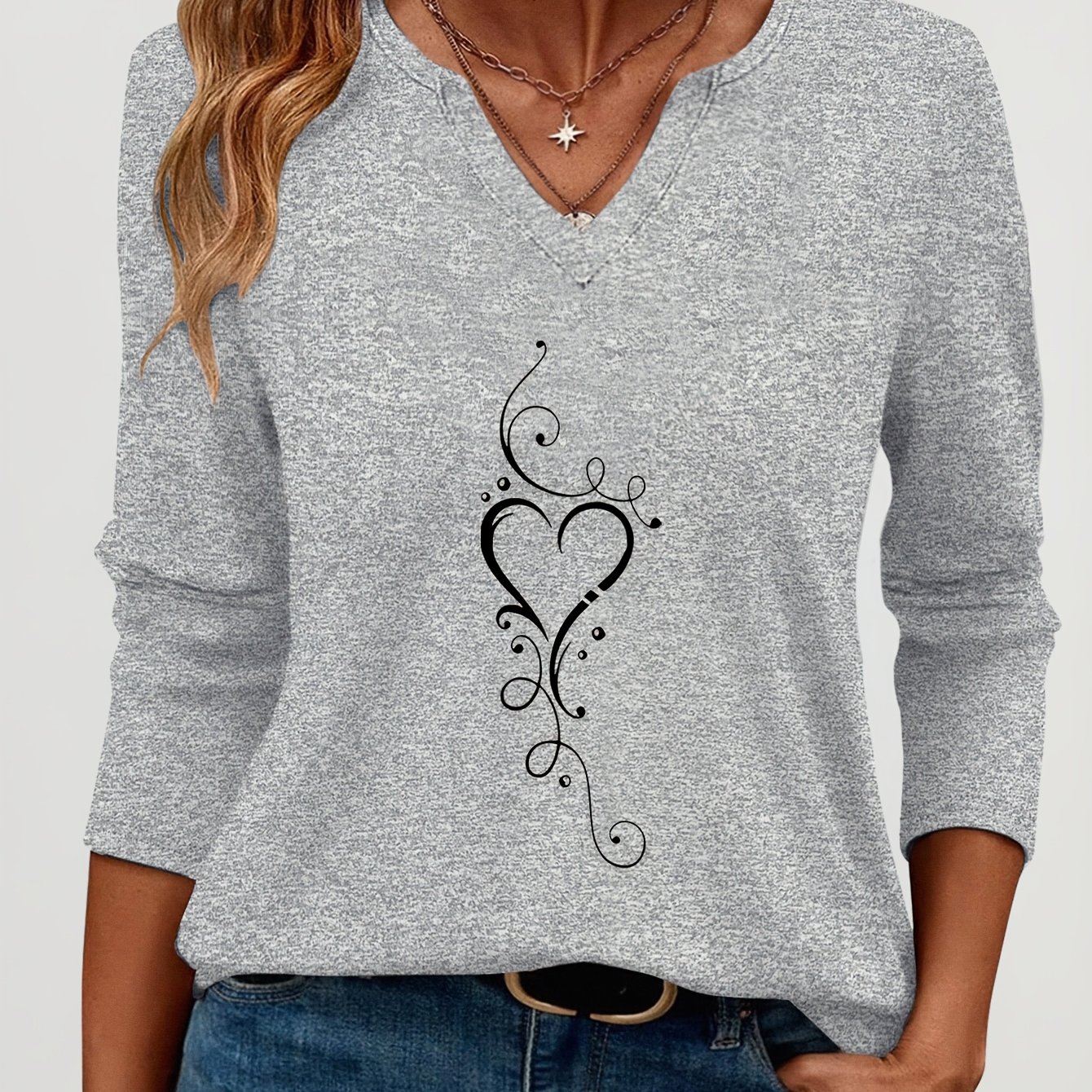 TEMU T-shirt à manches trois- et col en V, motif de à cœurs imprimé de style peint à , respirant et confortable, convient pour les vacances, les