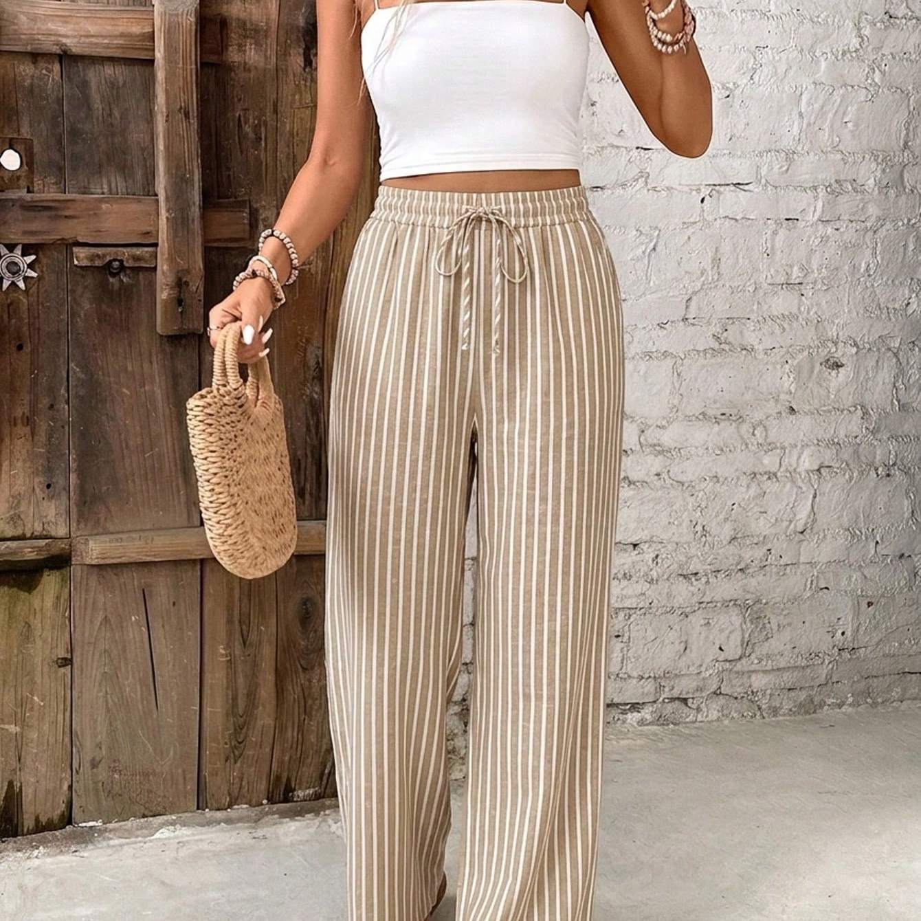 Image of Women's Bohemian Style Striped Wide-leg Pants, Elastic High-waisted Loose Wide-leg Pants Suitable For Summer Beach Can 37