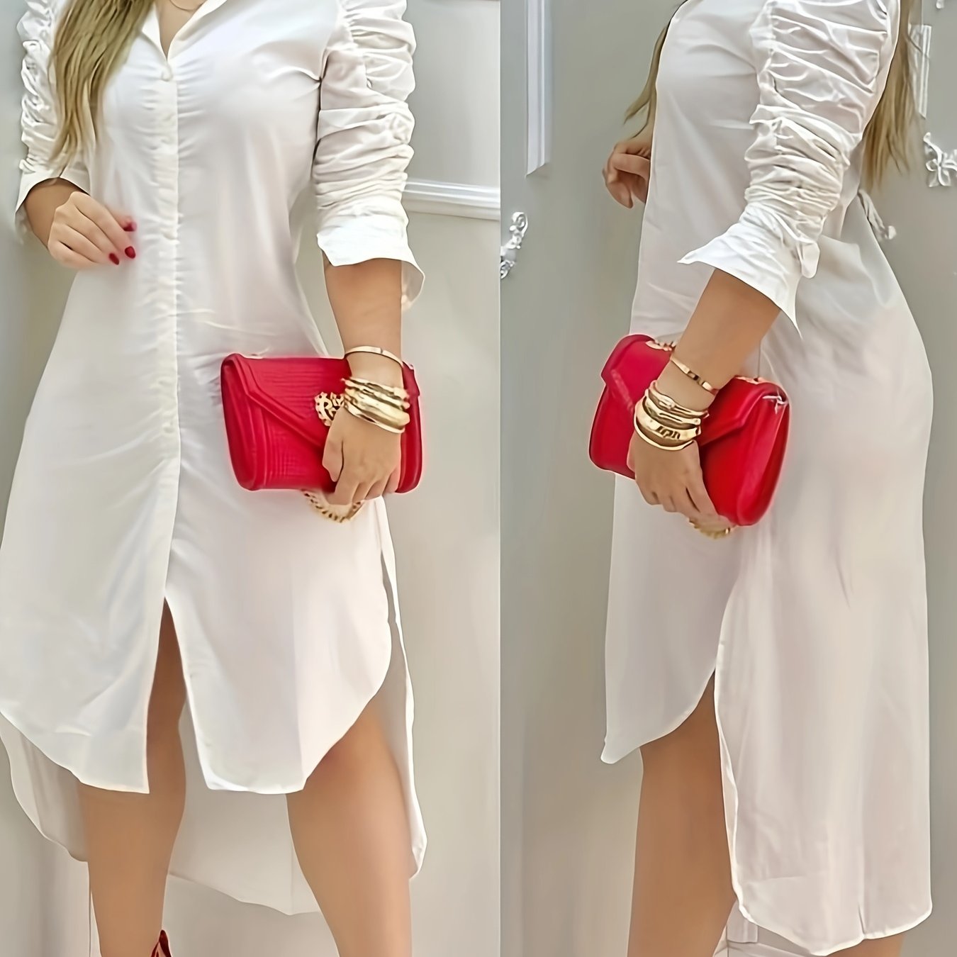 TEMU Elegant White Button-up Shirt Dress With Sleeves And Side Slit - Perfect For Spring/summer, Casual To Formal Wear, Casual Attire| Sleeve