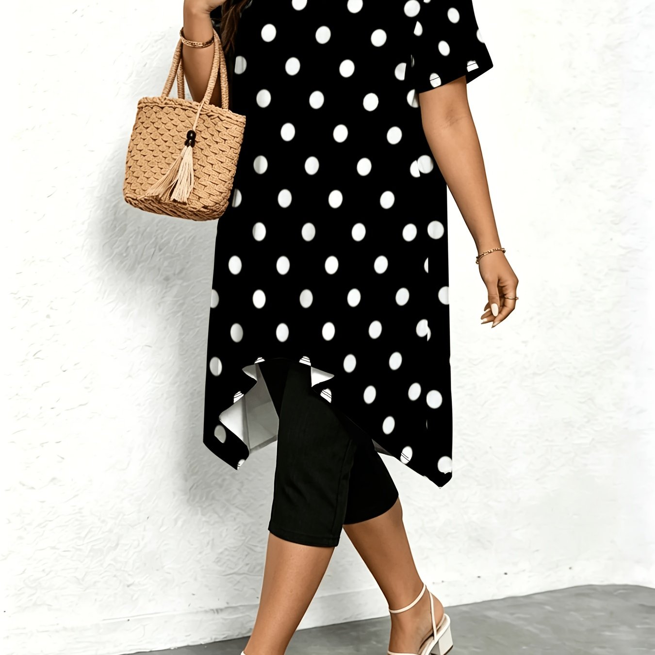 TEMU Plus Size, Simple Black And White Polka Dot Print Plus Size Top With Flowy Irregular Hem, Tummy Control,, And Elegant Casual Blouse