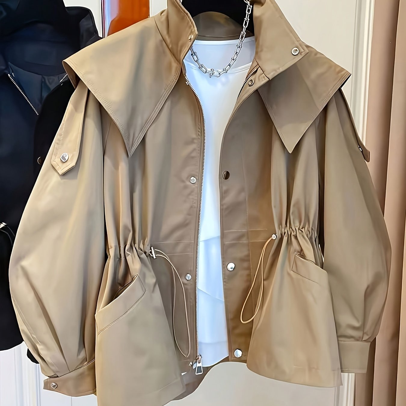 E-shop Damen Kapuzen-Trenchcoat mit Reißverschluss, Kordelzug, , Langarm, Petite Damen Oberbekleidung