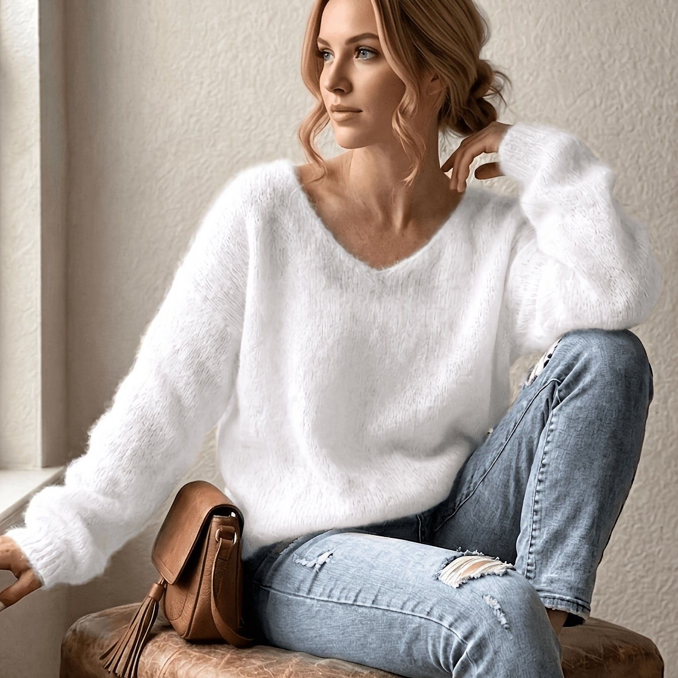 Image of Women's Long Sleeve V-neck Turtleneck Sweater, Soft Loose Fashion Casual Top