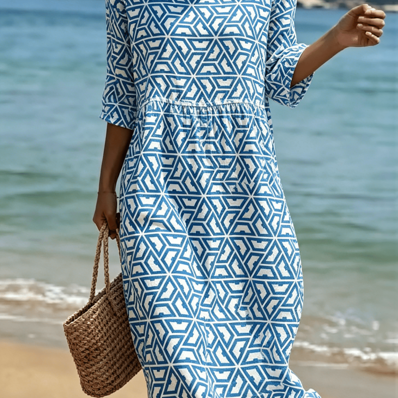 2026 New Women's Dress Geometric Round Neck Summer Dress Suitable For Beach Vacations Summer Carnivals Everyday Wear And Weekend Machine Washable