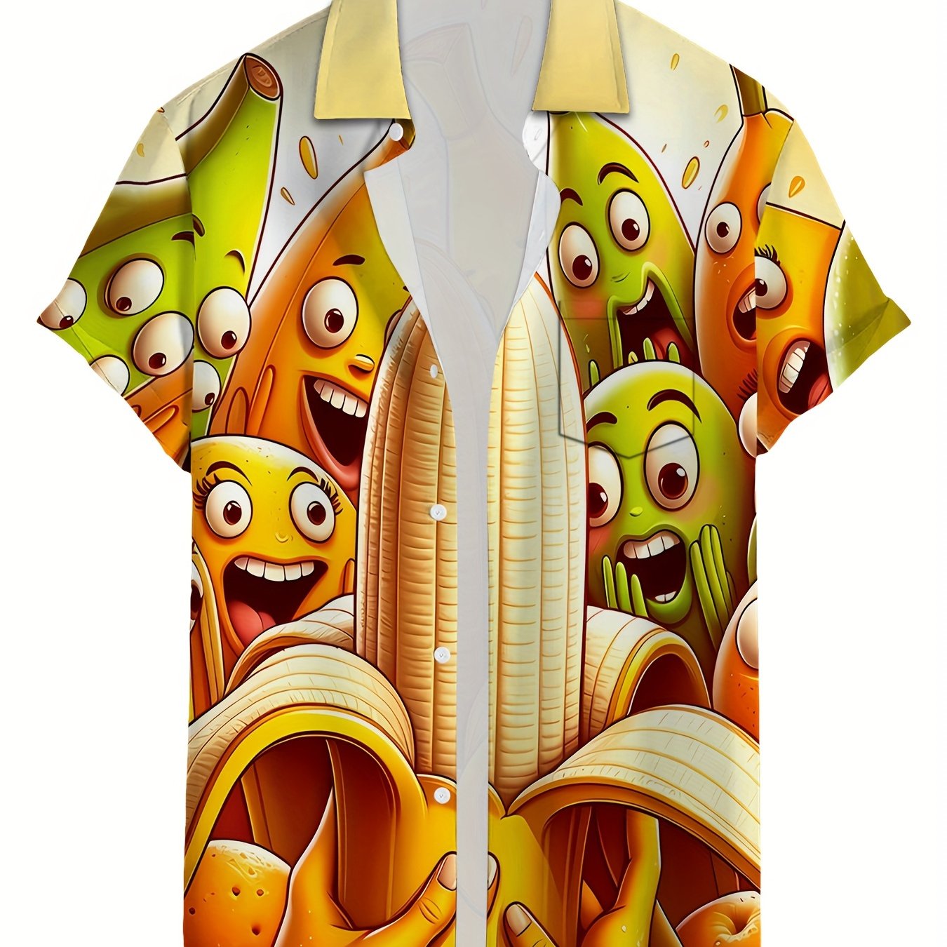 TEMU [print Design-nottextured] Men's Retro Individual Style Short Sleeve Shirt Summer New Cartoon Banana And Fruit Print, -friendly Breathable