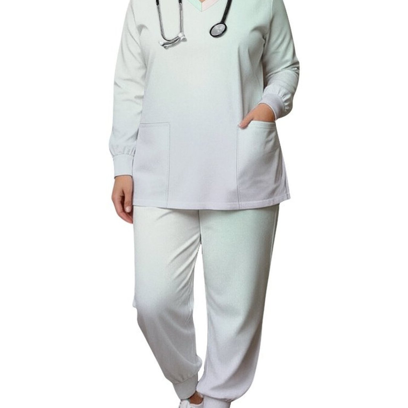 Image of Women's Set, Women's Plus Size Pants Set, Tie Dye Style, Full Body Print, Party Occasion, Casual Vacation, Elegant Women's Fashion, V-neck Long Sleeved Top+pants, Nurse Uniform Set