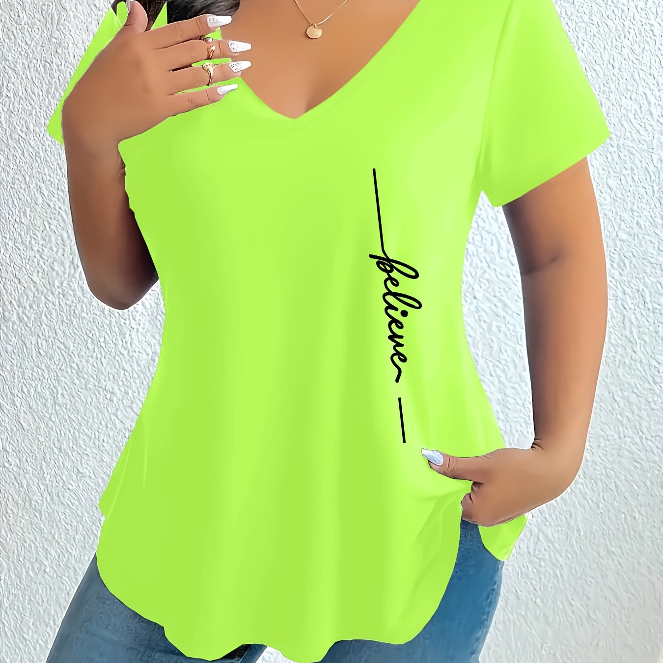 TEMU Damen-T-Shirt in Übergröße mit V-Ausschnitt geometrischem Muster