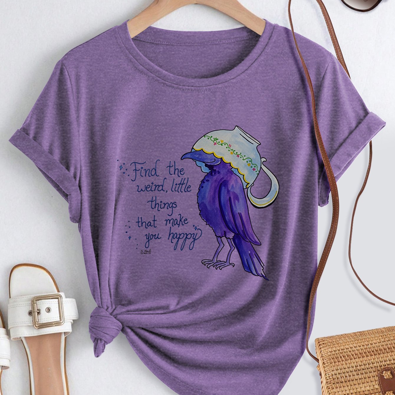 TEMU Women's Short Sleeve T-shirt With Purple Crow Holding A Water Bottle Text Print, New Arrival Women's Clothing, Comfortable And Soft, Round Neck,