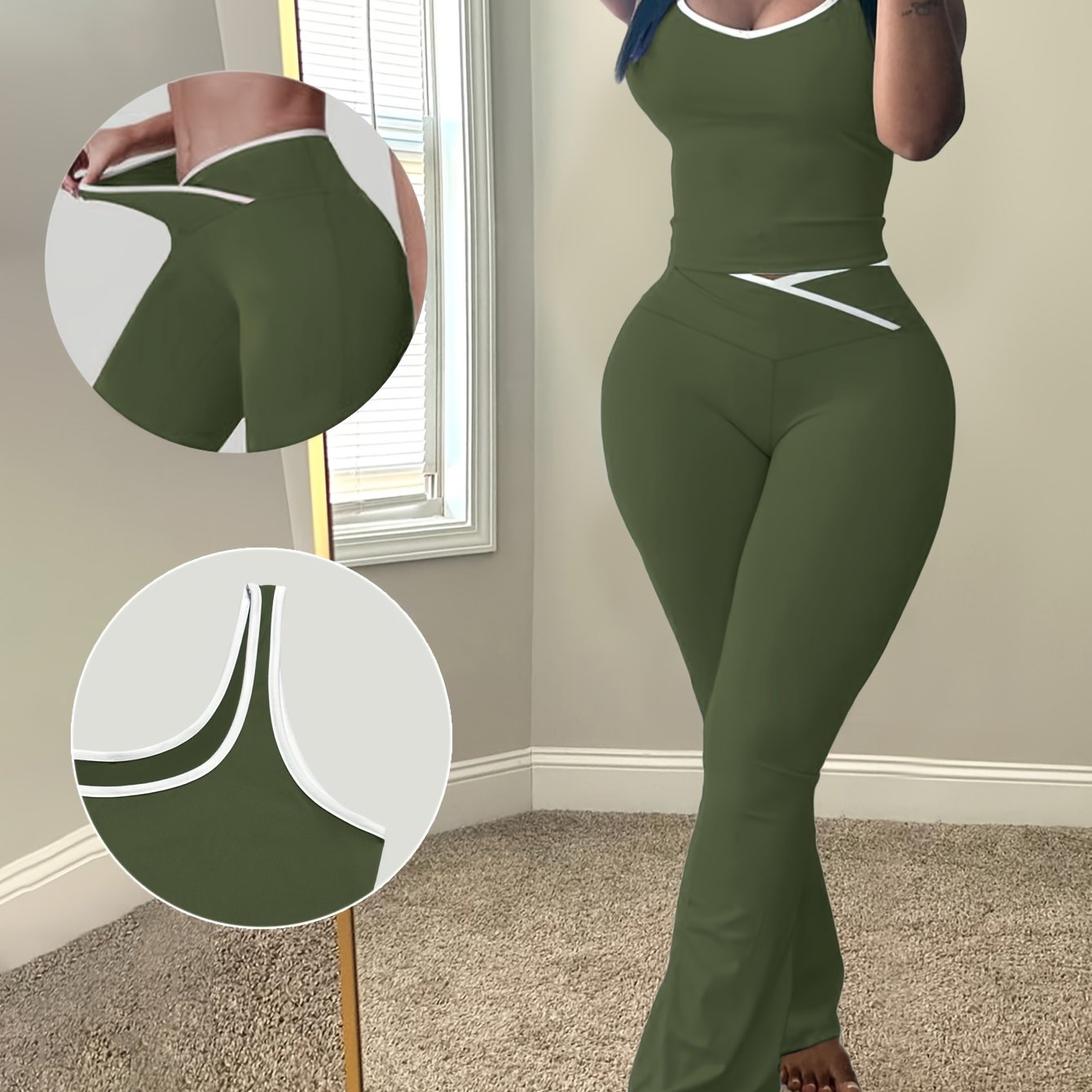 TEMU Women's Spring And Summer Tank Top Set, Solid Color Stretchy Two-piece Outfit