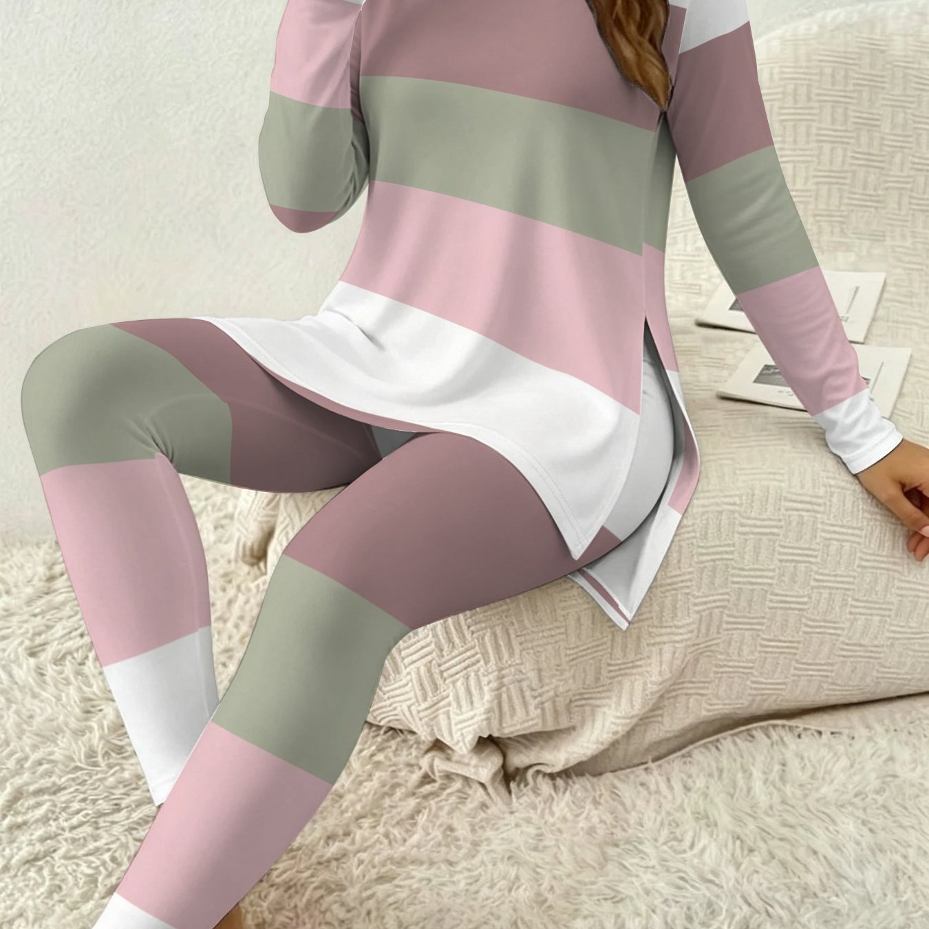 TEMU Women's Fashion 2pcs Casual Women's Set, Green- Color-blocking Horizontal Striped Digital Printed Round-neck Long-sleeved T-shirt, Flanks-slit