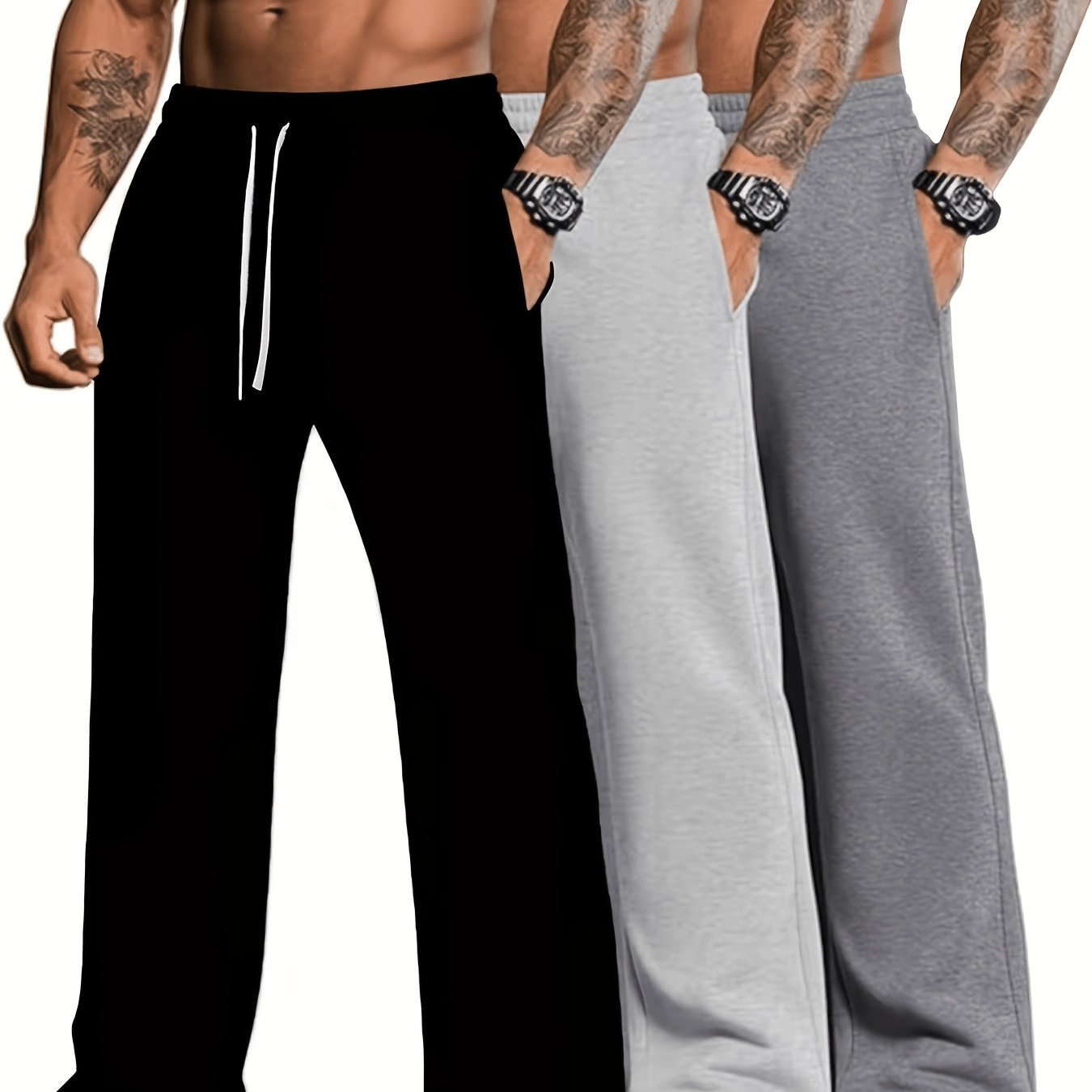 TEMU 3 Men's Casual Drawstring Sweatpants - Multi-functional Solid Color, Loose Fit, Suitable For , Made Of, With Pockets, Comfortable For Home And ,