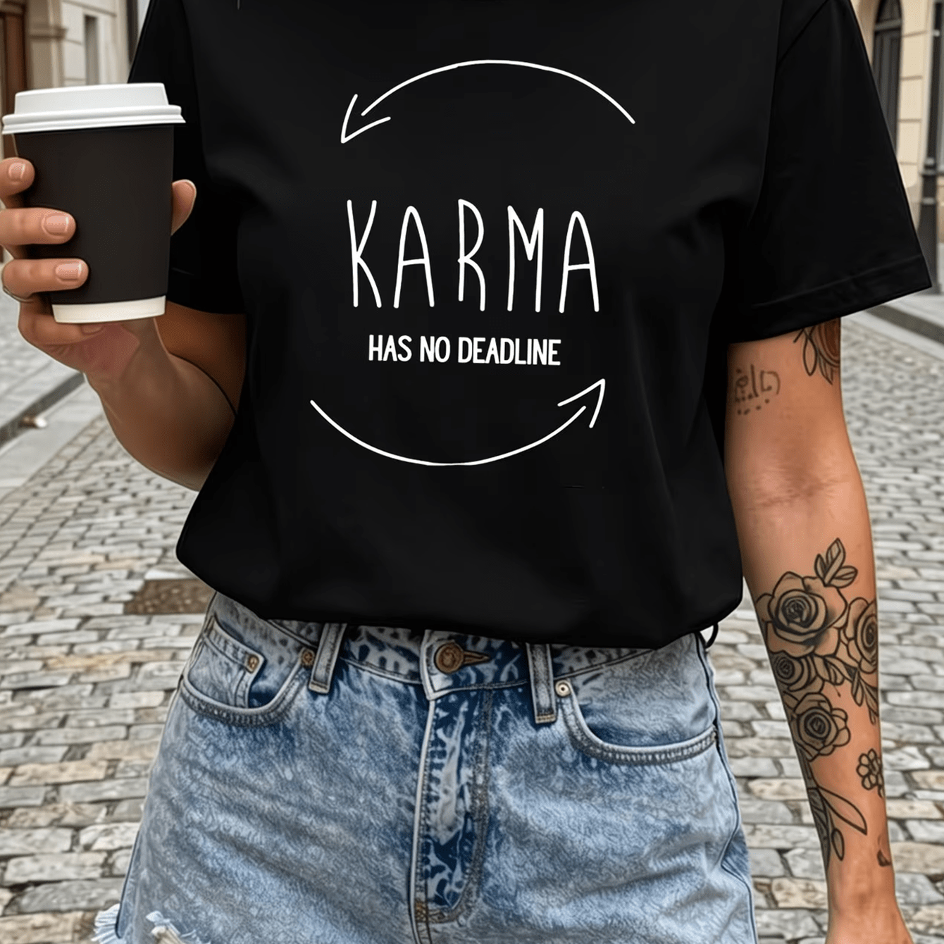 TEMU Bidirectional Circular Arrow Karma Deadline English Print Spring Summer Fashion Casual Comfortable T-shirt, Elegant Women's Wear, Daily ,
