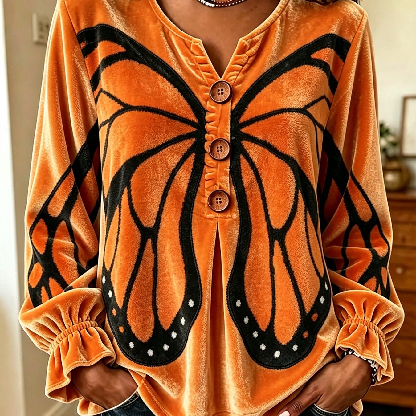 Image of Plus Size - Large Size Women's Top, Suitable For Autumn, Print Velvet Long-sleeve Jumper, Small V-neck Decorative Lotus Leaf Closed Sleeve Casual Top