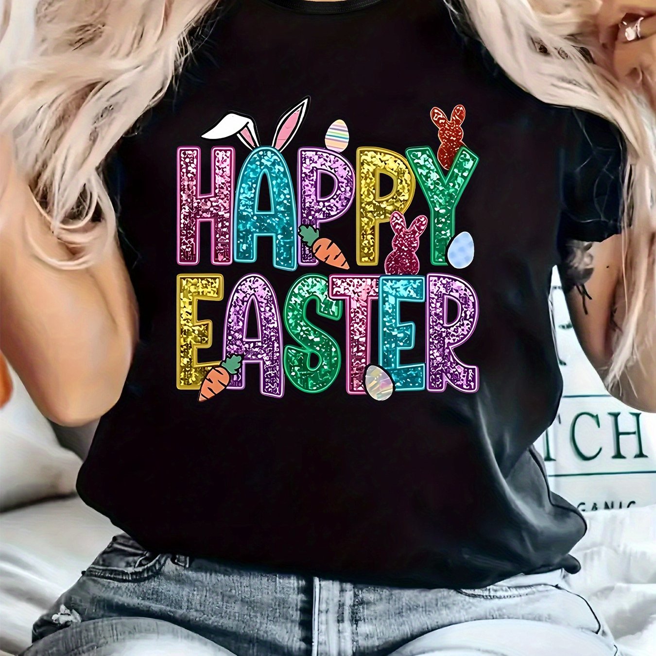 TEMU Women's "" Graphic T-shirt - Colorful Festive Design With Bunny, Chick & Eggs, Casual Crew Neck Short Sleeve Tee For , Casual Summer Tee |