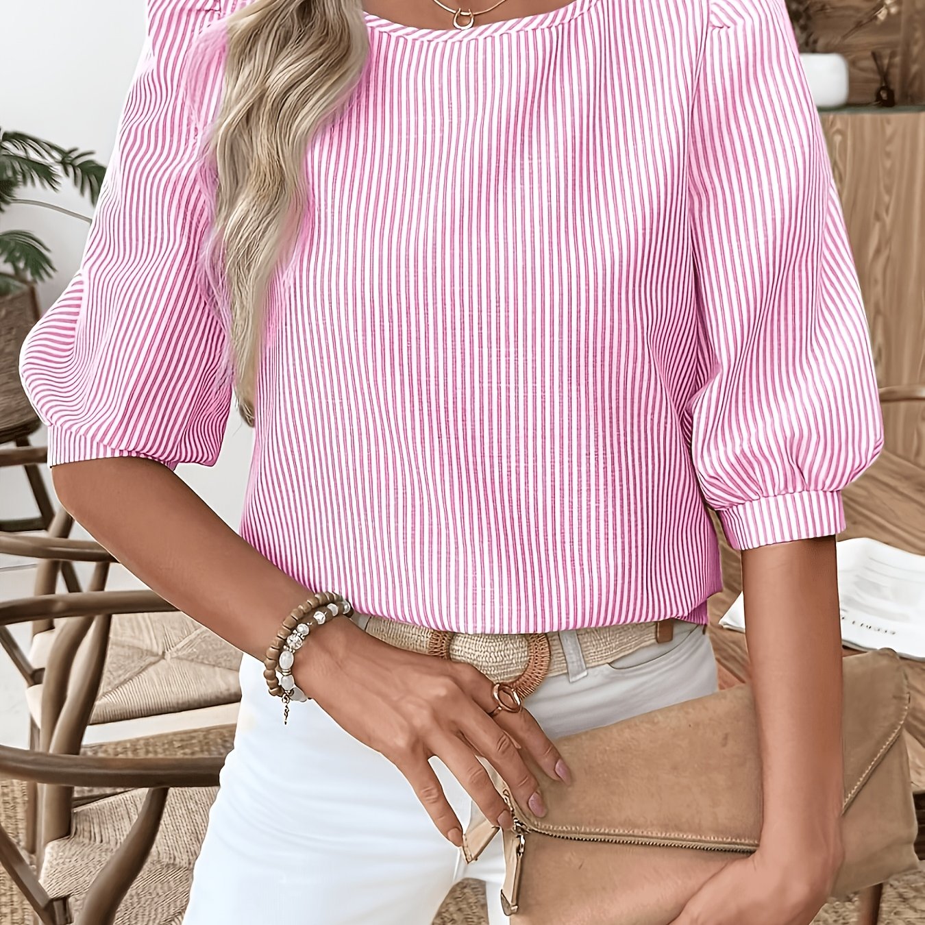 TEMU Women's Casual Round Neck Blouse, Puff Sleeve And Striped, Perfect For Summer