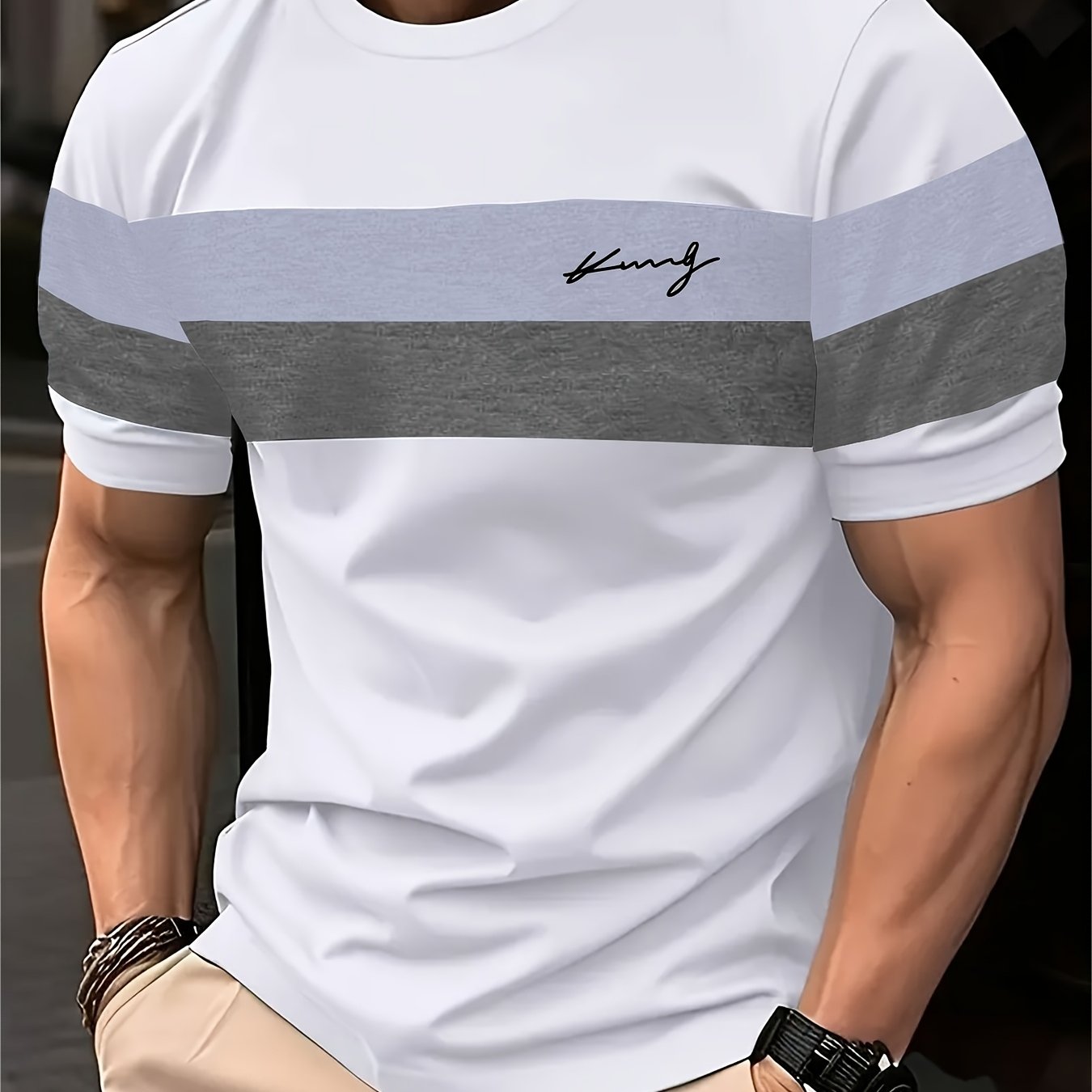TEMU Casual Short-sleeved T-shirt, Men's Striped Pattern Crew Neck T-shirt, Suitable For Summer Outdoor Activities, Comfortable Breathable Fabric