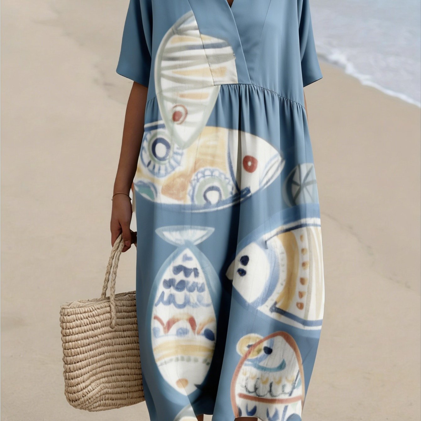 Plus Size, Plus Size Women's V-neck Dress, Summer Beach Colorful Fish Pattern Loose Medium And Long Dress, Machine Washable