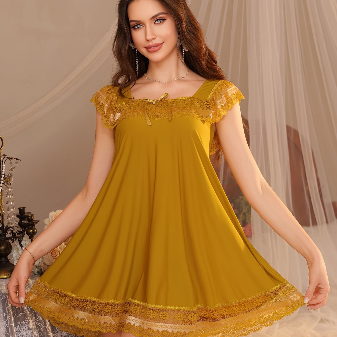 TEMU A Women's Lace-trimmed Loose-fitting Medium-stretch Camisole Nightgown Dress