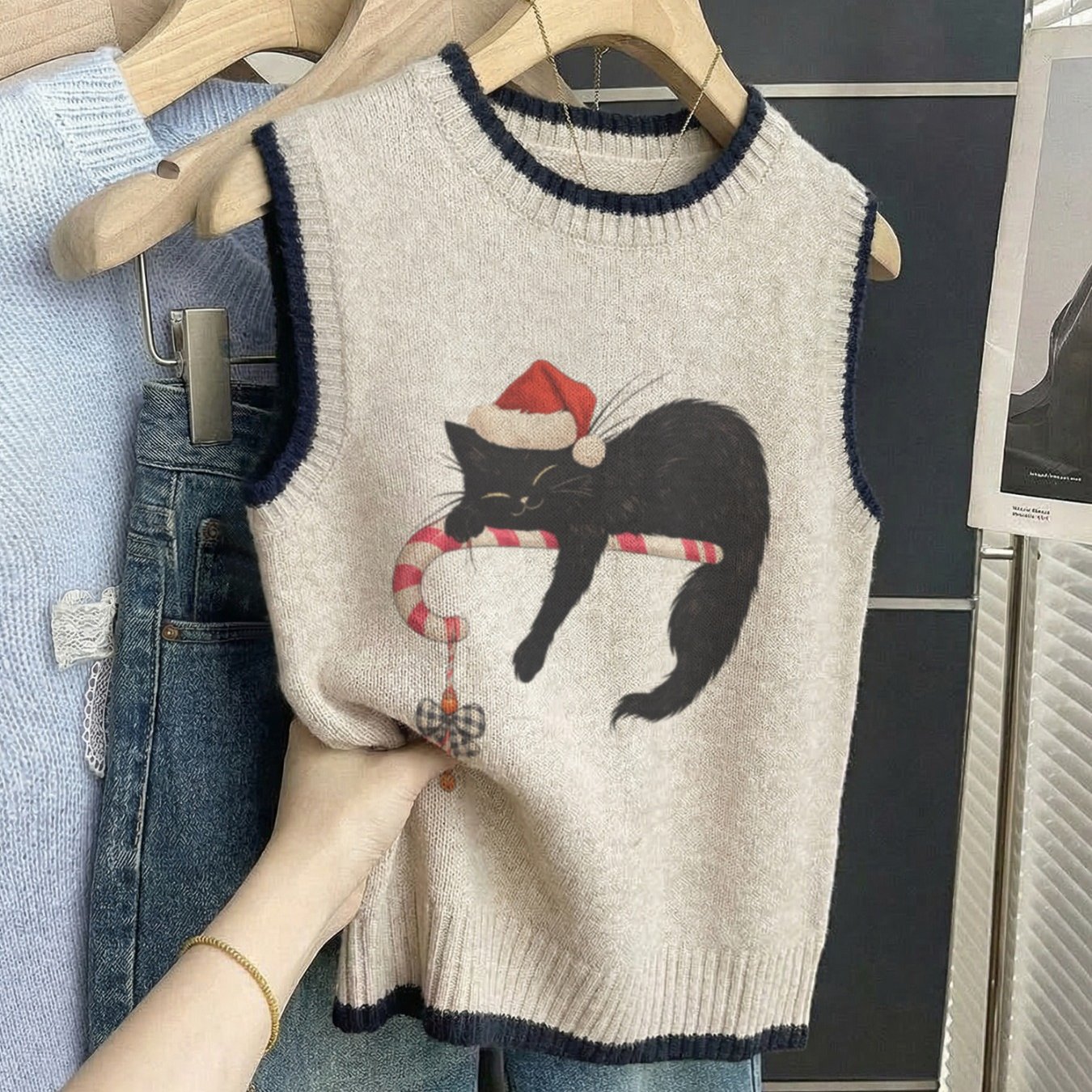 TEMU Women's Lightweight Pullover - 2d Digital - Christmas Cat Pattern Fashionable Neck Pullover, Suitable For Spring, Summer, Autumn, And Winter,