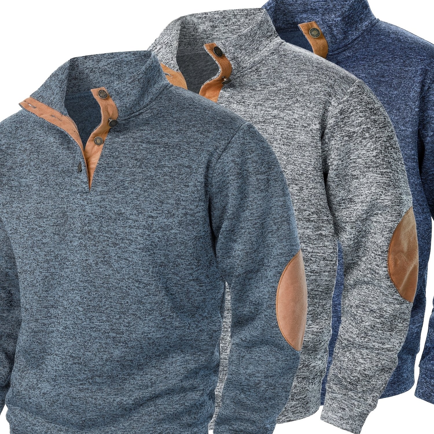 Men's Long-sleeve Casual Knit Shirt With A Stand Collar For Autumn And Winter, Suitable For Golf And Camping, Sold In A Set Of 3