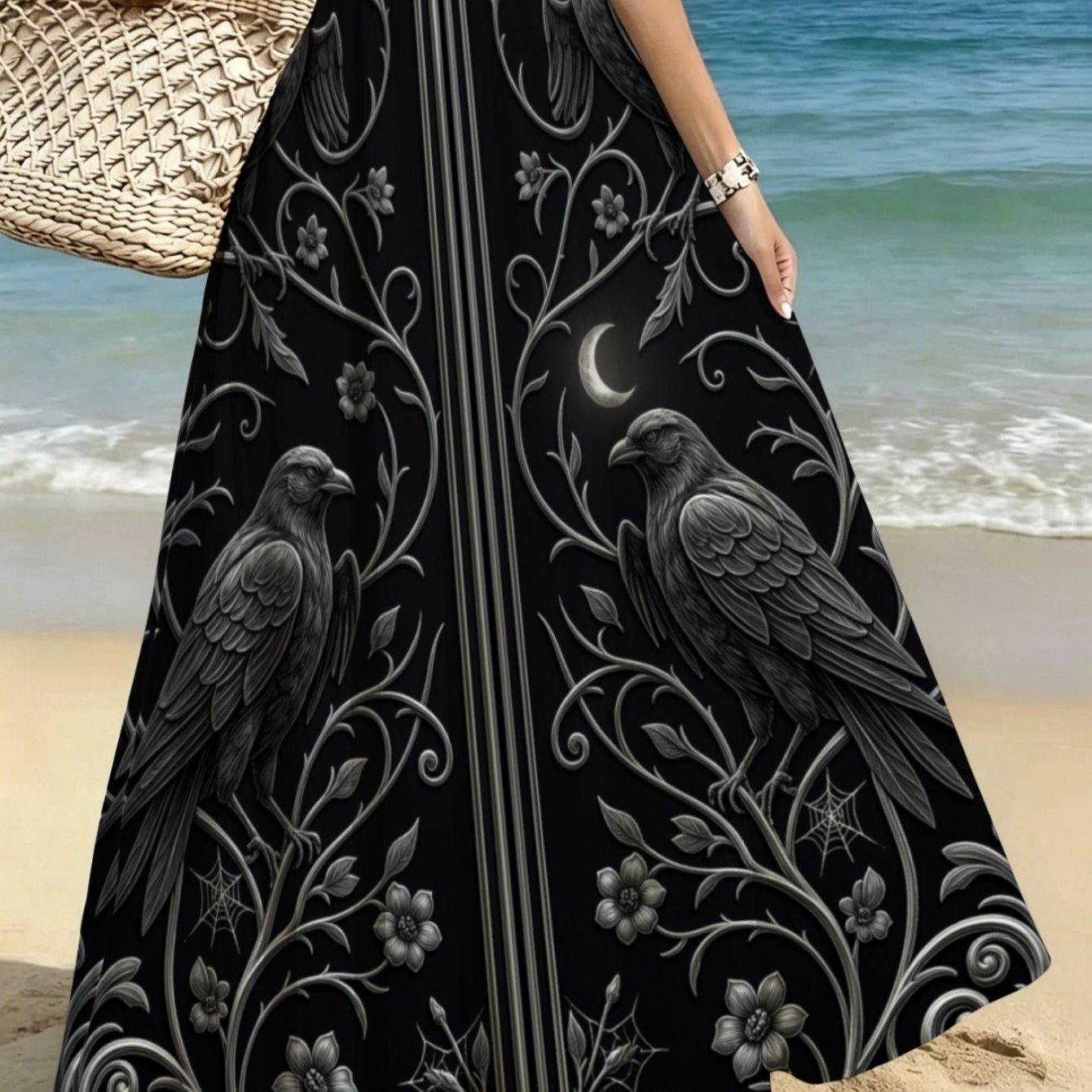 TEMU Lianyaoshi [printed Design Not Textured] Black Gothic Floral Maxi Skirt For Beach Casual Wear, Lightweight With Moon Motif, Elegant Summer