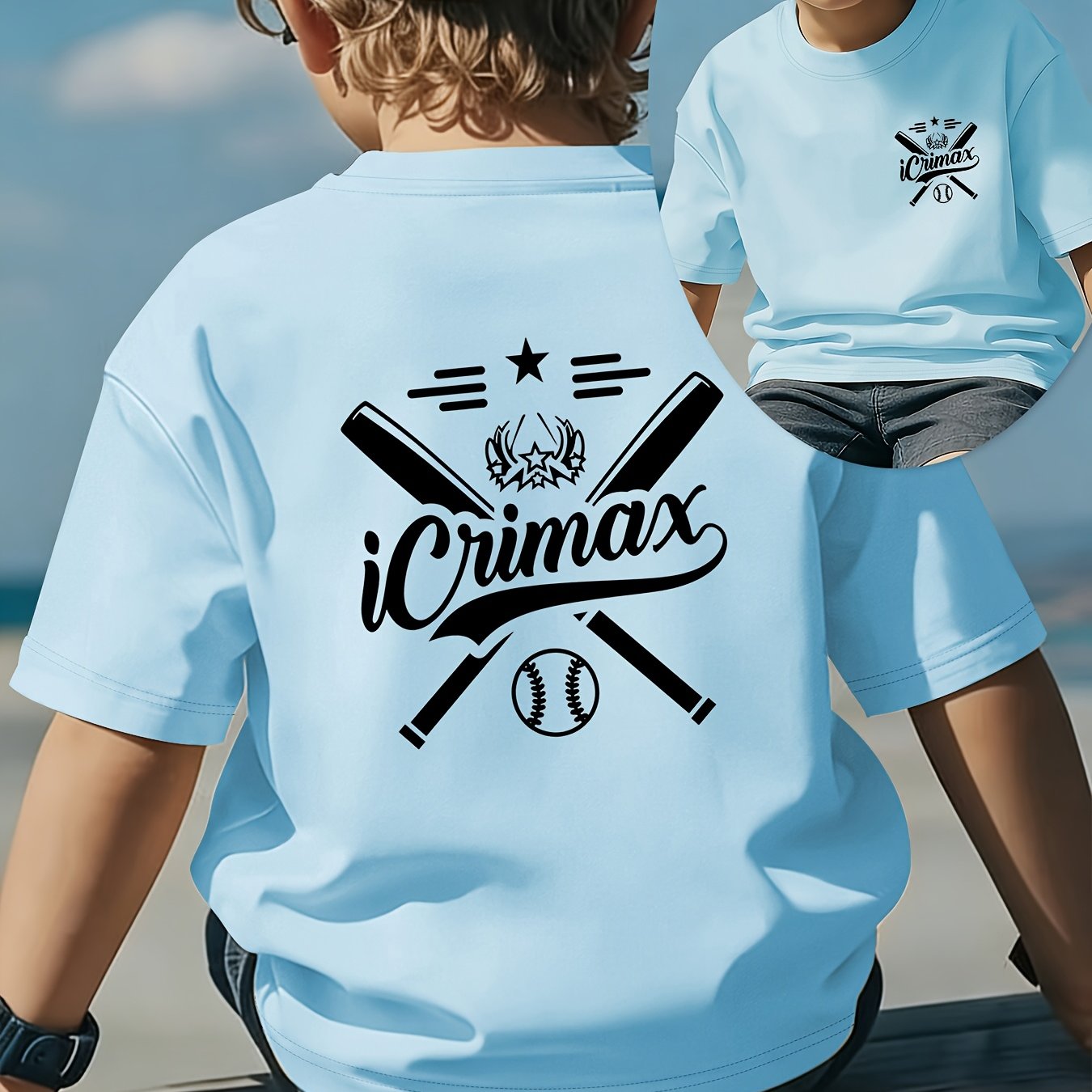 Image of Front And Back Printed Boys' T-shirt, Icrimax Baseball Print Spring And Summer Round Neck Comfortable Short Sleeve, Stylish And Boys' Outdoor Wear