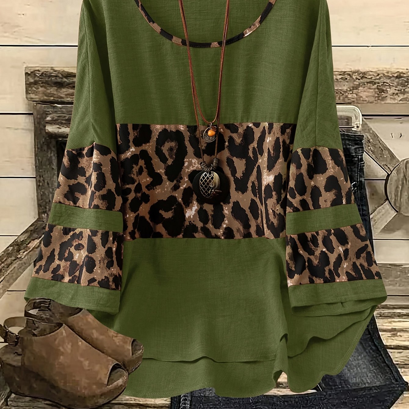 TEMU Plus Size - Plus Size - Western Spring/summer New Random Print Random Trim Color-block Round Neck Elegant Casual All-match Top Blouse (additions