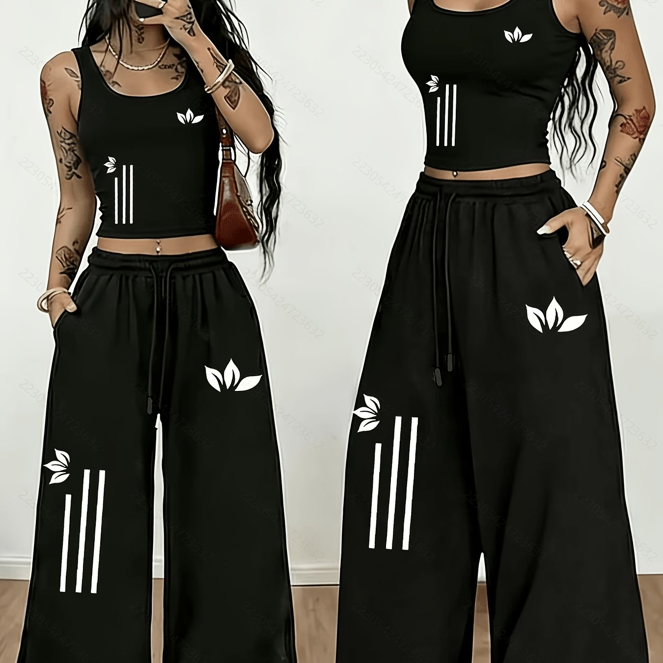 TEMU Western Street Style Black Sleeveless Vest Wide-leg Pants Two-piece Set Women's Summer Casual Athletic Outfit Loose High-waist Long Pants Set