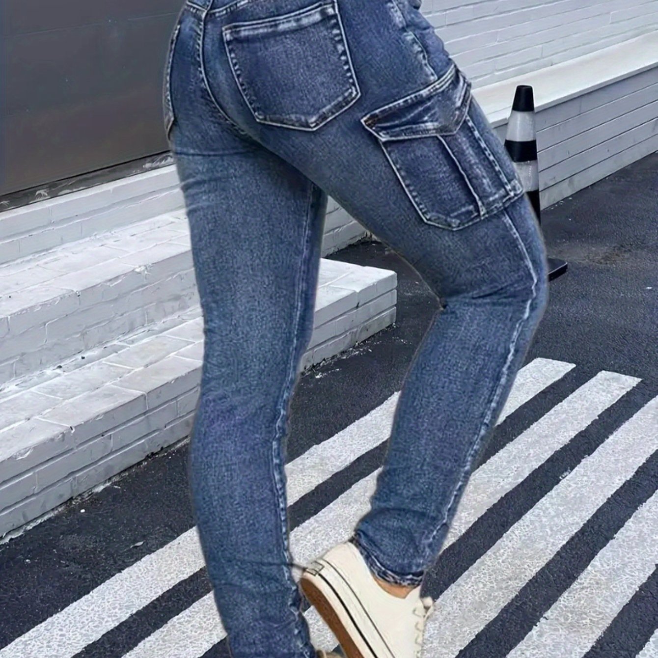 TEMU Plus Size Women's Fashion Skinny Jeans -comfortable Cargo Denim Pants With Side Pockets