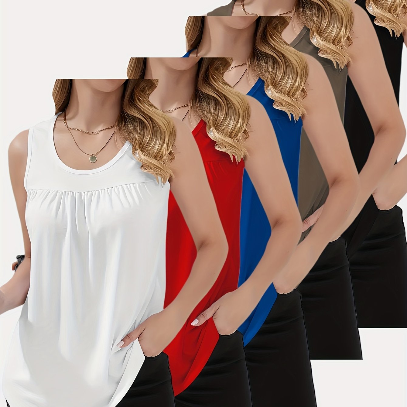 TEMU 5pcs Set Of Loose-fitting, Round-neck, Pleated, Solid Color Sleeveless Vests, Perfect For Casual Wear, Daily , Dates, And Parties, Easy To Style