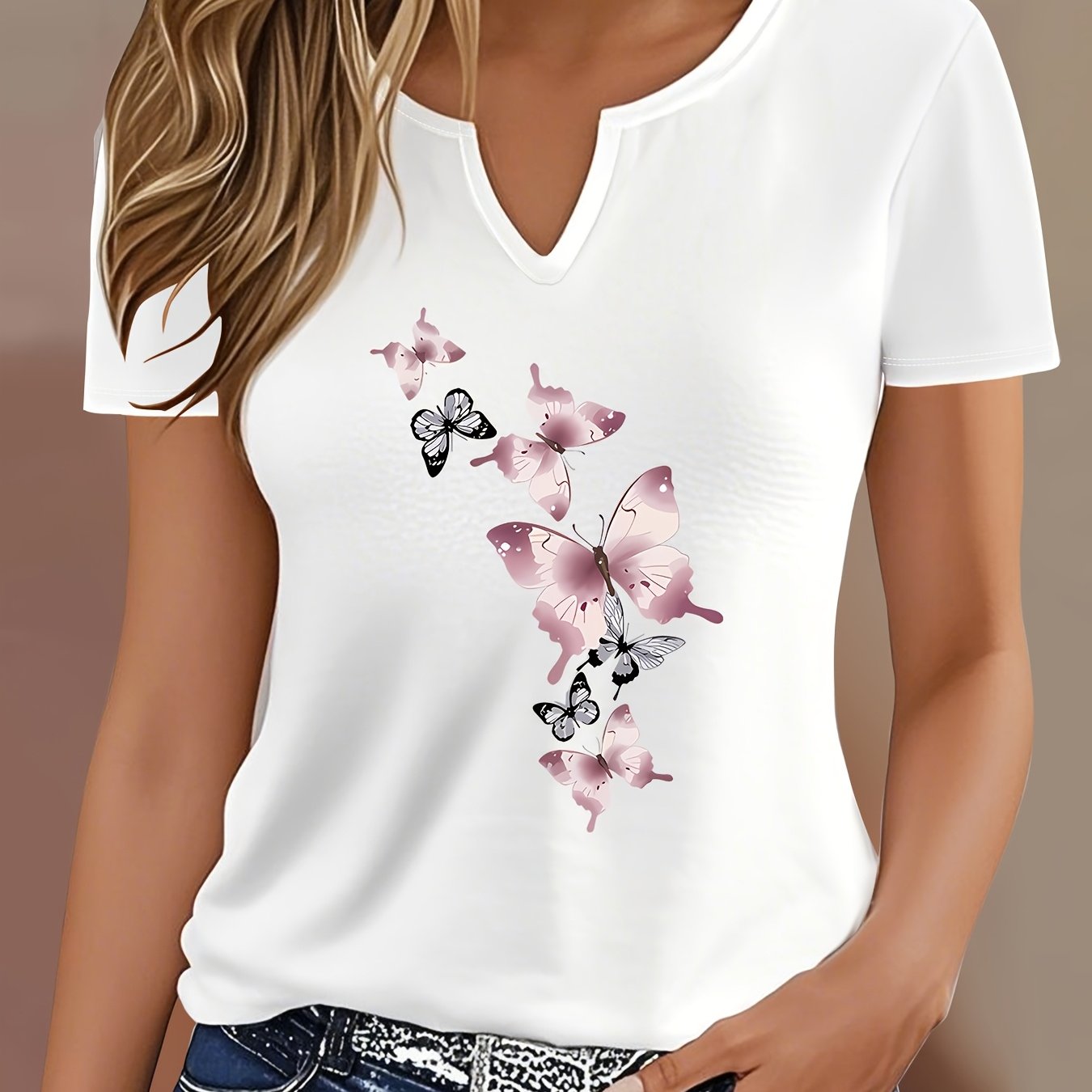 TEMU Letter Print T-shirt, Short Sleeve V Neck Casual Top For Summer And Spring, Women's Clothing