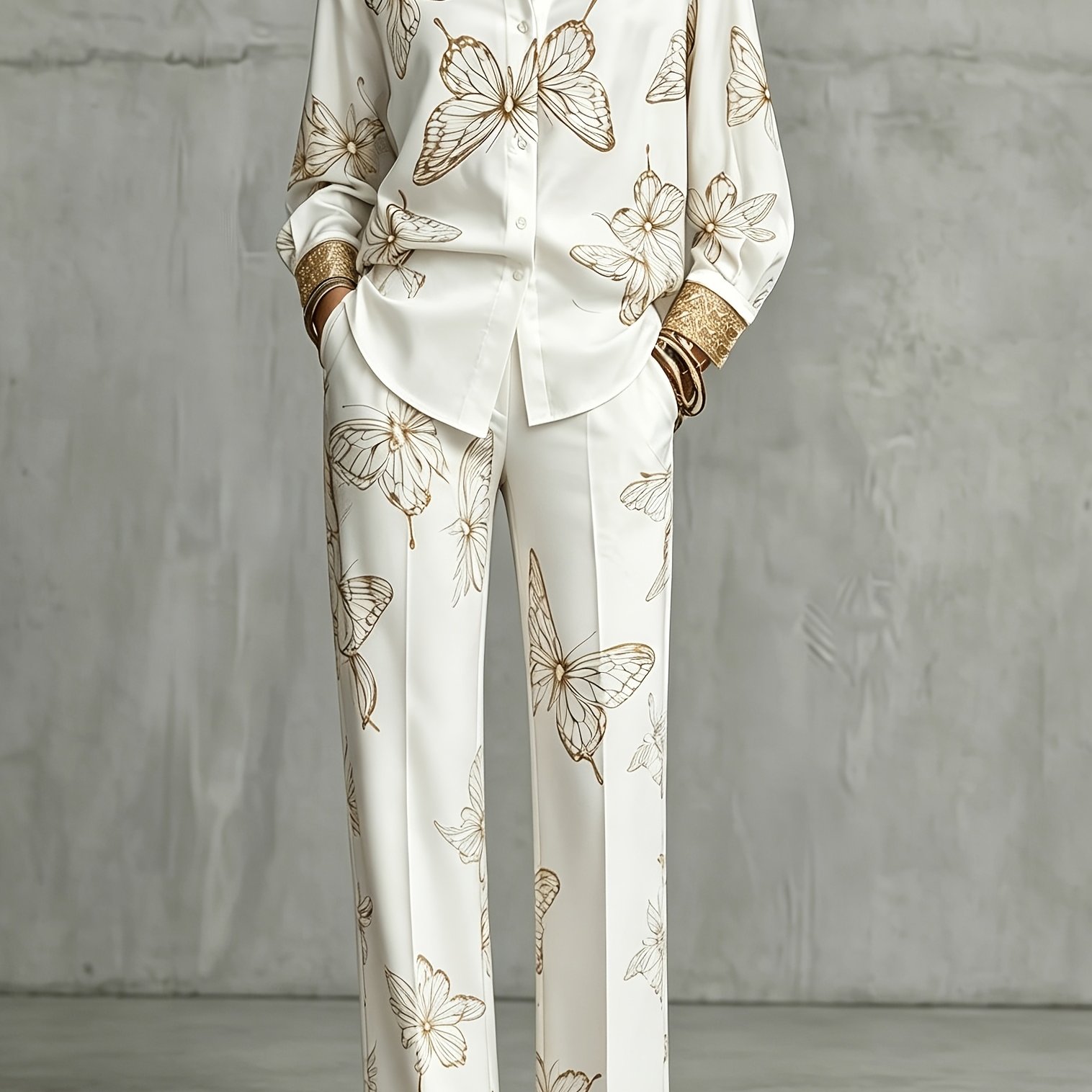 TEMU Casual Versatile Elegant Trousers With Pockets Straight-leg Pants And Button-up Shirt Print Two-piece Set Women's Casual Suit