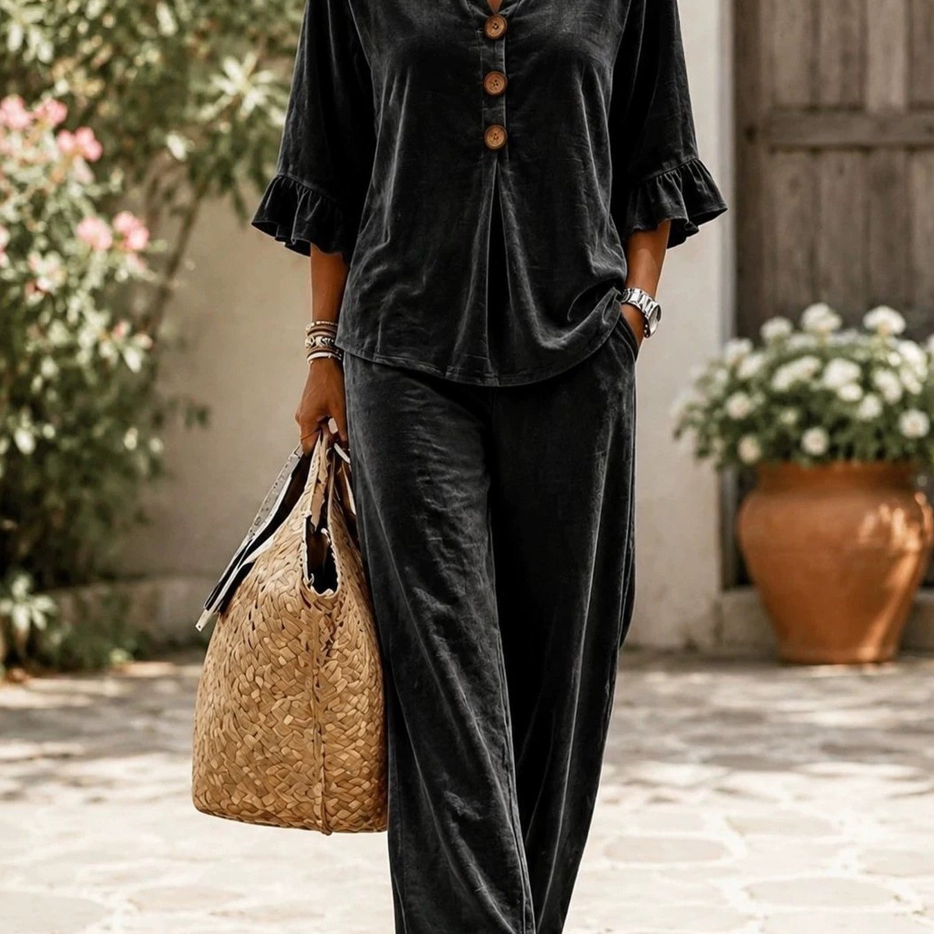 Casual Button- V-neck Three-quarter Sleeve Top And Pants Set