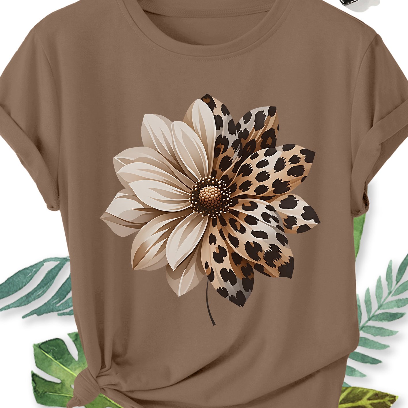 E-shop Elegantes Damen Oberteil in großen Größen mit kurzen Ärmeln, halb Leopard-Print, halb einfarbig, Dahlienmuster, Rundhalsausschnitt, bequem,