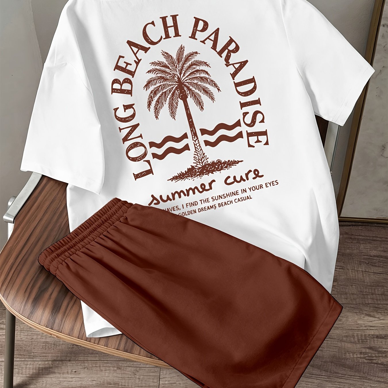 TEMU Men's 2pcs Set: Round Neck Short Sleeve T-shirt And Drawstring Pocket Beach Shorts