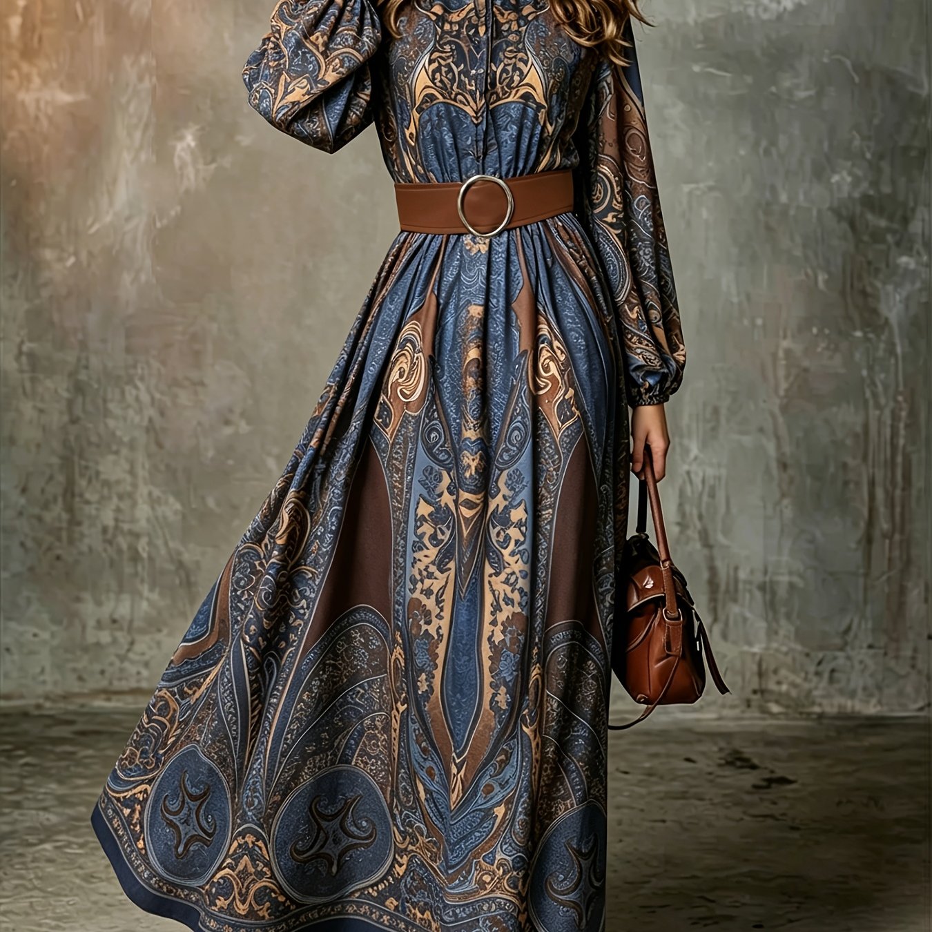 TEMU Spring/summer Elegant New Women's Loose Flowing Fashion Printed Belt Temperament Commuter Lantern Sleeve Dress 1 Niannian