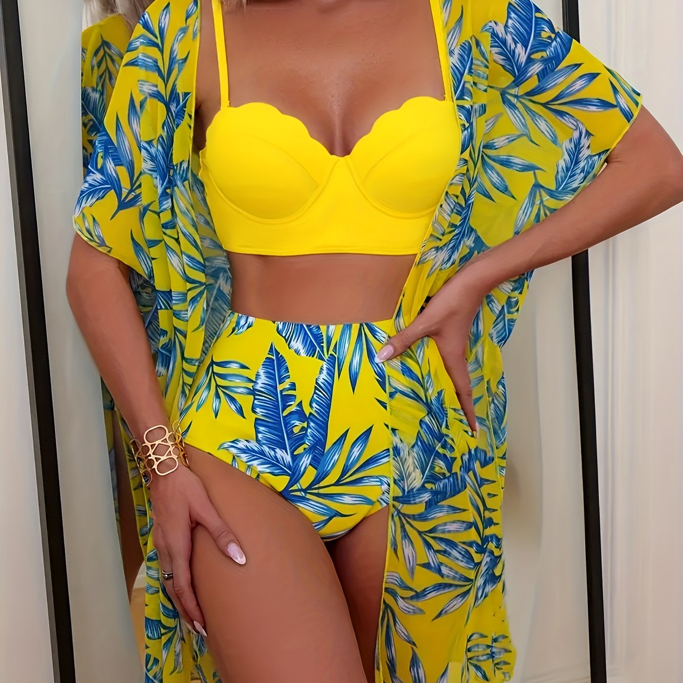 Image of Trendy Tropical Print Bikini 3 Pieces Set, Solid Bra & Panty & Cover Up For Beach Wear, Women's Clothing