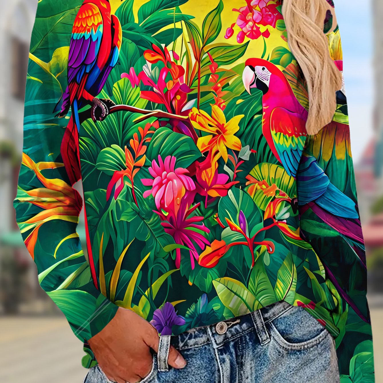 TEMU Women's Tropical Long Sleeve Blouse - Loose Fit Tunic Top, Lightweight Polyester Shirt For Spring/autumn, Beach Vacation & Casual Casual Attire