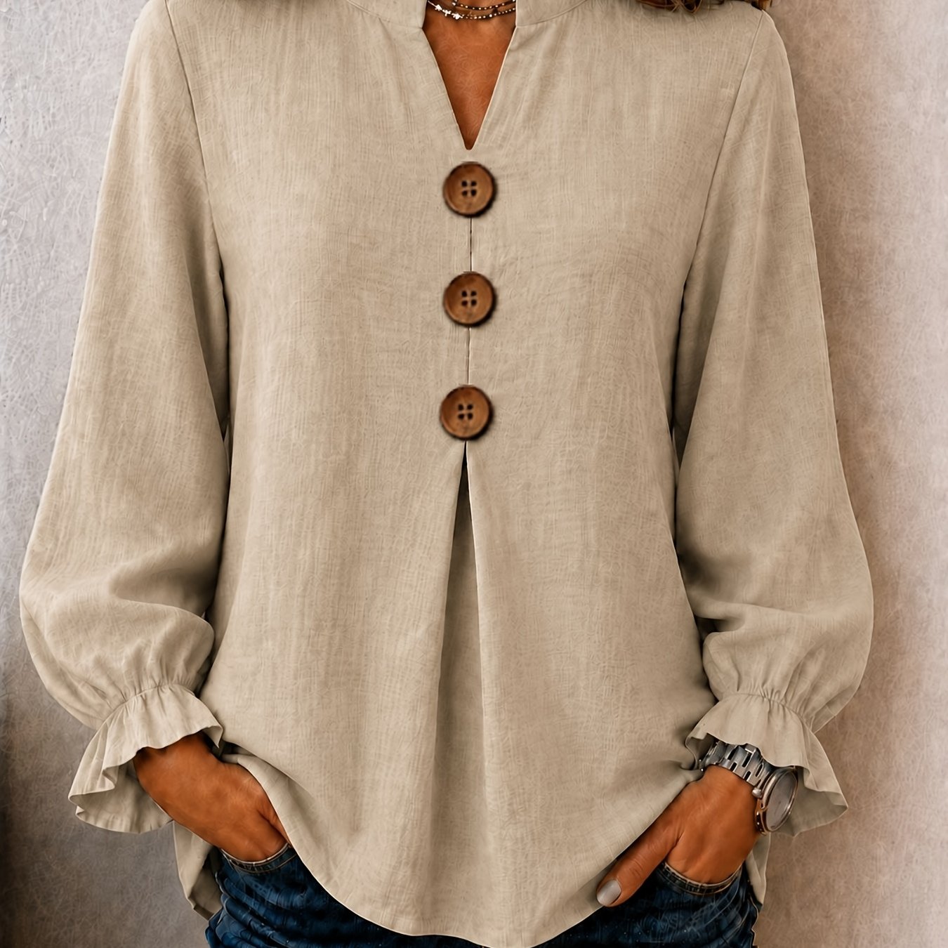 TEMU Women's Fall Winter Casual Fashion Solid V-neck Button Long Sleeve Loose Blouse