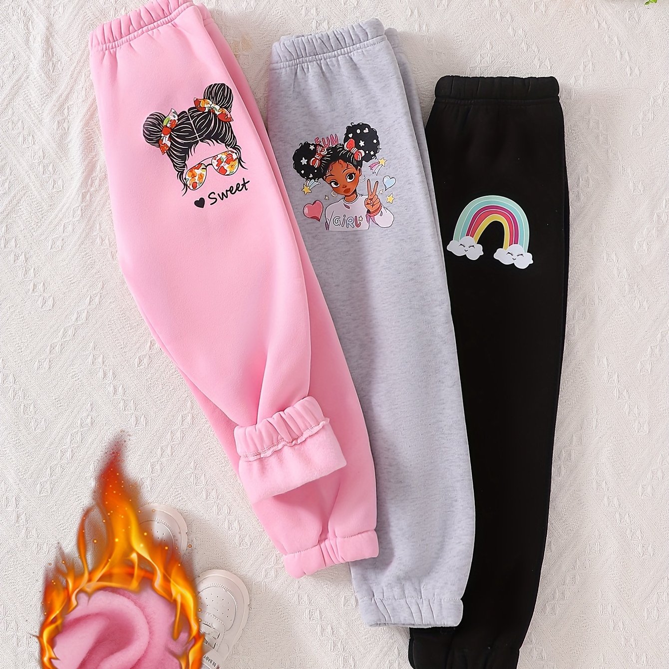Image of Girls' 3pcs Winter Pants With Warm Full-length Leggings - Soft Cold-weather Trousers, Casual Solid Color Outfits For, & Casual Attire ( &) - 3pcs Bundle, Perfect For Outdoor,halloween