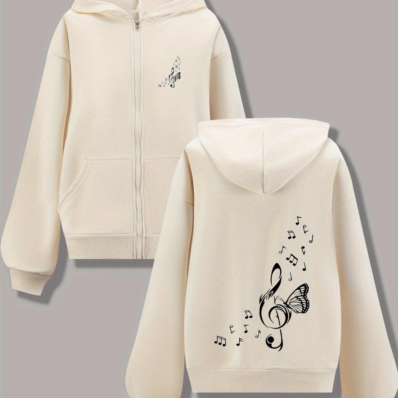 TEMU Women's Long-sleeve Zip-up Casual Jacket With Melody Pattern, Suitable For Spring, Summer, And Autumn. Made Of Slightly Stretchy, Designed For