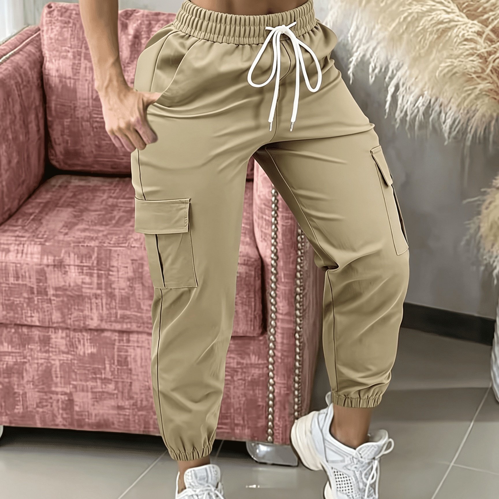 TEMU European And American Women's Elastic Waistband And Adjustable Drawstring Are Suitable For Daily And Outdoor. Summer Fashion Trend Long Leg Tied