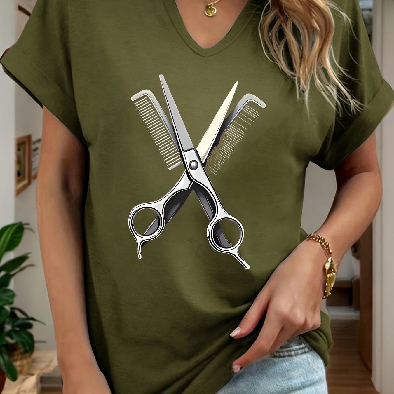 TEMU Hairdressers Tools Graphic Print T-shirt Short Sleeve V Neck Casual Top For Summer, Fashion Women's Clothing