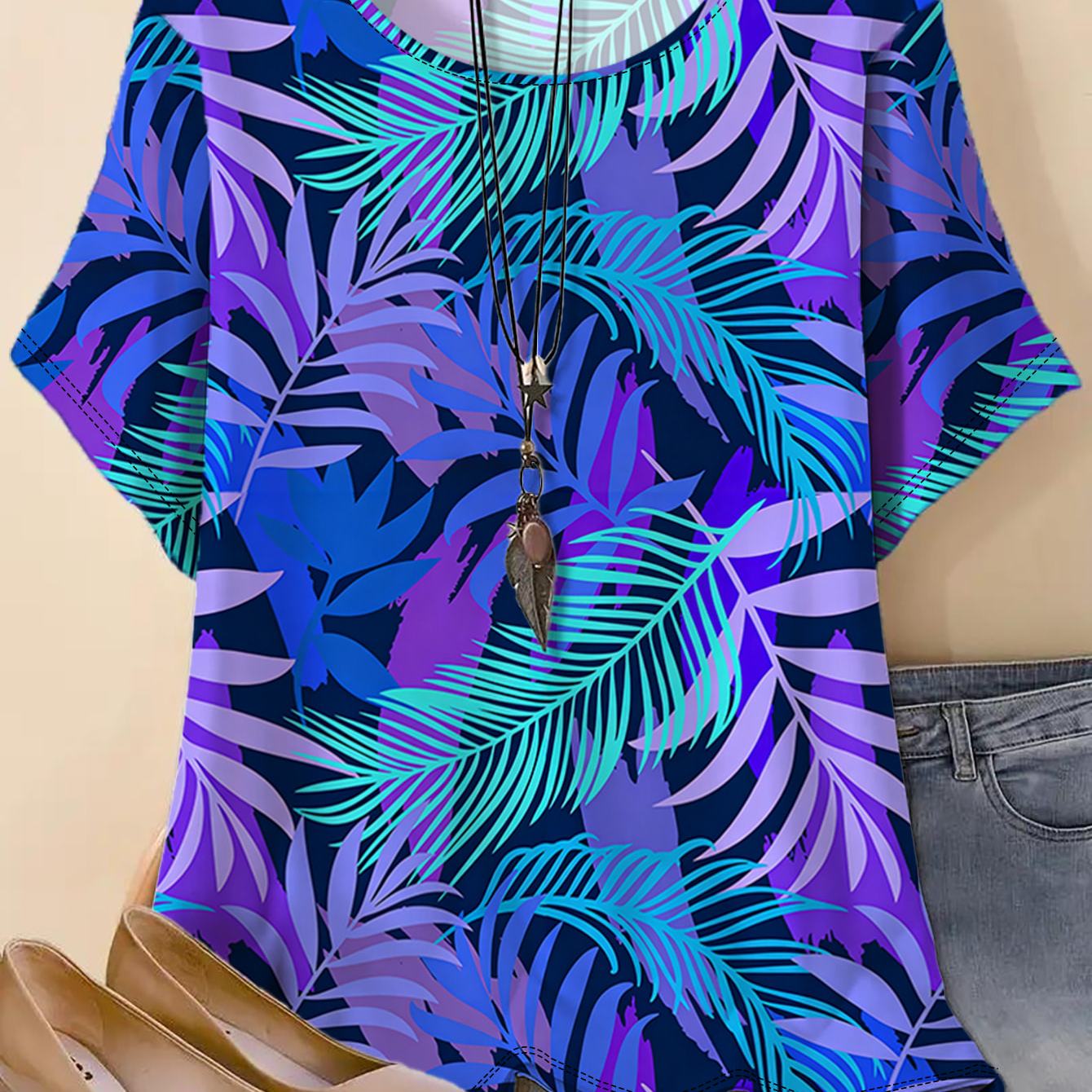 TEMU Plus Size, Plus-size Women's Round-neck Stretch T-shirt, Loose-fit Short-sleeve Tee Suitable For Layering Or Wearing Alone, In Blue-purple Tones
