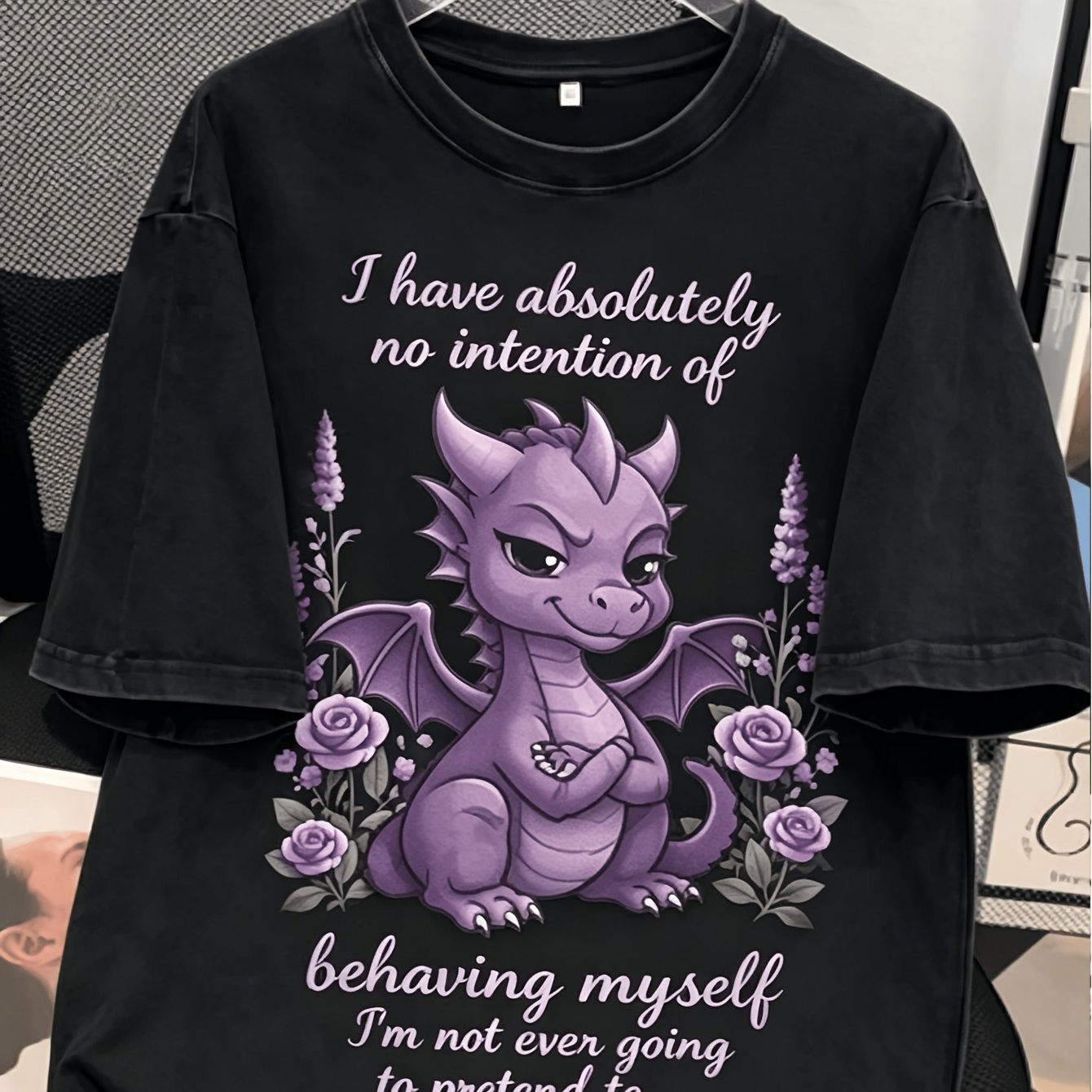 TEMU Plus Size - Dragon Humor Tee, Women's Plus Size Shirt With Floral Aura Women Short Sleeve Round Neck T-shirt, Loose Fit, , Machine Washable,