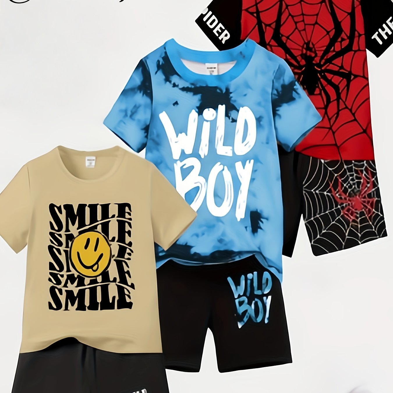 Image of Random 2pcs Boys 1-set Cool Casual Short Sleeve T-shirt And Shorts Outfit, Round Neck - Spring/summer, , Regular Fit, Perfect For Outdoor Wear, Christmas, Halloween