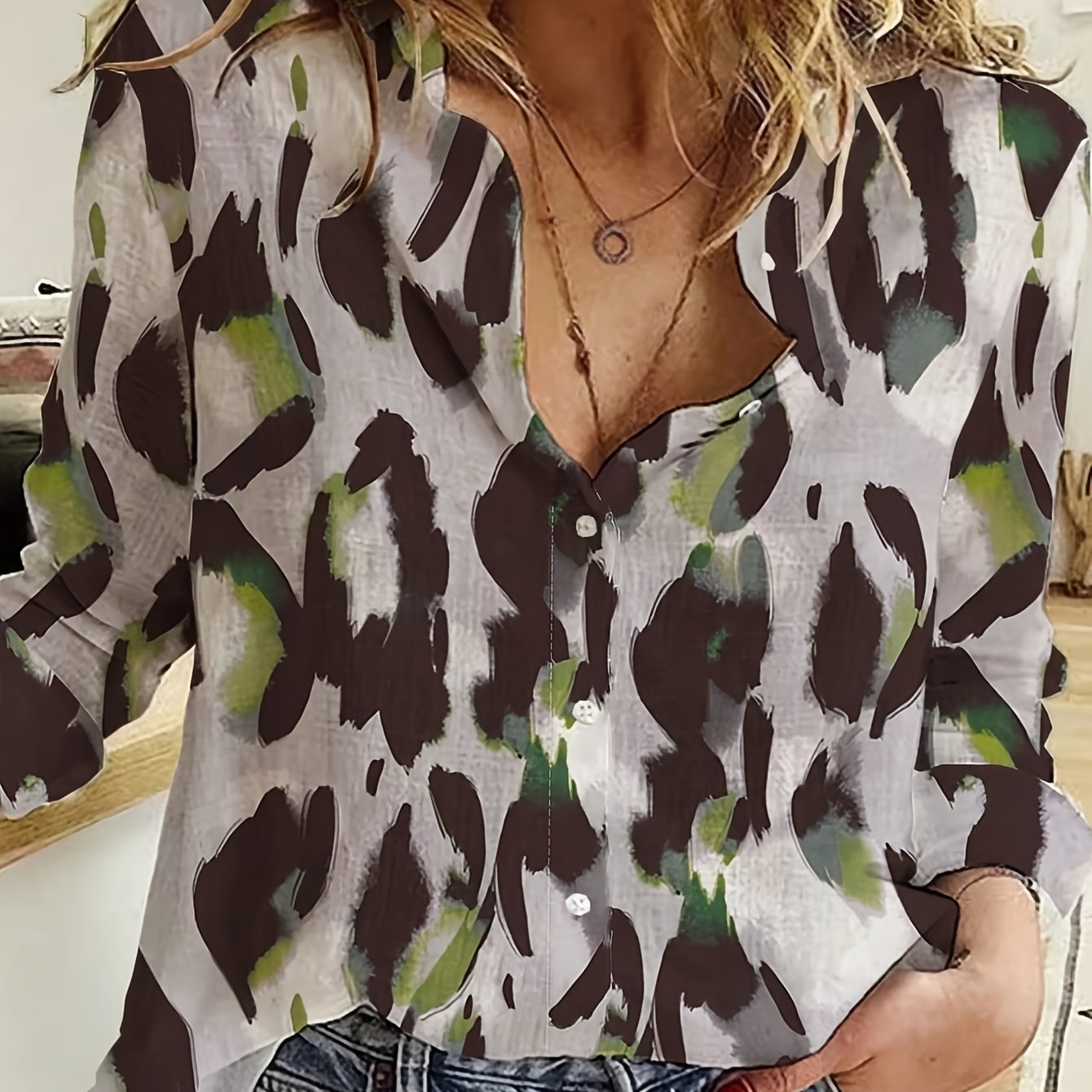 E-shop Damen Elegantes Modisches Neues Einreihiges Langarmhemd mit Leopardenmuster Herbstbluse