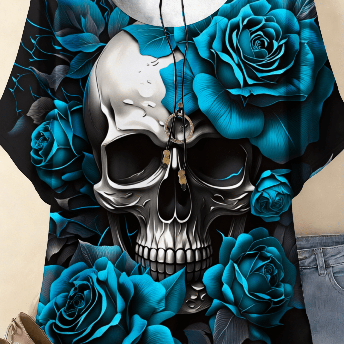 Image of Plus Size, 0-9xl Plus Size Skull And Blue Roses Print Women's Summer T-shirt Crew Neck T-shirt Outdoor S High Elasticity Suitable For Spring, Summer, And Autumn